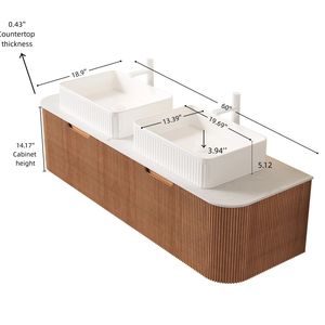 Mobile bagno sospeso DINA da 60 pollici con bordi curvi e armadietto a righe, 2 cassetti rettangolari bianchi - Product Image 5