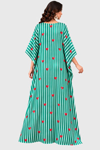 Vestido kaftán con estampado de corazones a rayas verdes para mujer, cuello en V, borlas, túnica larga, pareo de playa - Product Image 3