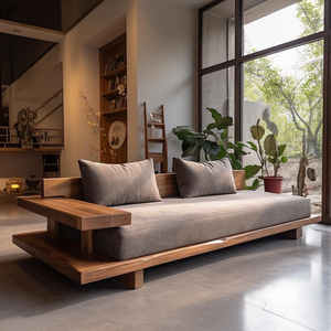 Luxurious Japanese-Style Platform <b>Sofa</b> Featuring Integrated Solid teak <b>Side</b> <b>Table</b> - Product Image 1