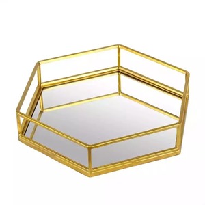 Geometric Decorative Tray With Gold Plated Frame <b>Mirror</b> Base Customizable Glam Style Single Piece - Product Image 2