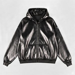 Sweat à capuche zippé personnalisé en similicuir velours brillant 100% coton, style streetwear, avec poche kangourou, bordure côtelée, respirant - Product Image 4