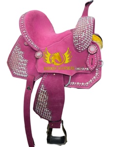 Silla de montar western personalizada de cuero de ante rosa intenso con adornos de cristal y pedrería, portátil, de montura alta y asiento suave. - Product Image 3