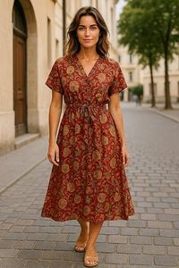 Robe midi à imprimé floral, col en V, avec ceinture, style bohème, coupe trapèze, manches courtes, robe décontractée pour le printemps - Product Image 6