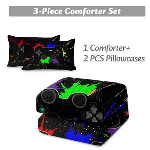 Black Video Game Controller Comforter Set with Red Blue Green Purple Yellow Ink for Boys' Bedroom or Living Room Bed Decor - Product Image 3