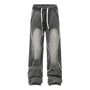 Pantalones Harem de Mezclilla Lavada para Hombre y Mujer, Ajuste Holgado, Cintura con Cordón, Diseño Desgarrado, Estilo Casual, Algodón de Peso Medio, Ropa de Otoño - Product Image 3