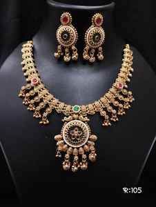 Women's South Indian Brass Gold Plated Classic Temple Style <b>Necklace</b> <b>Set</b> with <b>Earrings</b> for Wedding Engagement & Party Occasions - Product Image 2