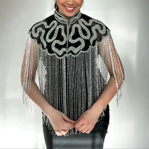 Luxury Gold Hand Embroidered Beaded Fringe Cape Blouse Designer <b>Sequin</b> Tassel Shoulder Collar <b>Top</b> for Wedding & Stage Wear - Product Image 1