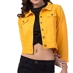 Women Yellow <b>Cropped</b> <b>Denim</b> <b>Jacket</b> Casual Button Front Long Sleeve Regular Fit Breathable Waterproof Autumn Outerwear Coat - Product Image 1