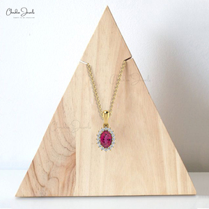 Wholesale Products Halo Pendant Oval Cut 6x4mm <b>Pink</b> Tourmaline Drop Pendant in 14k Fine Gold Diamond Custom Pendant Jewelry - Product Image 6
