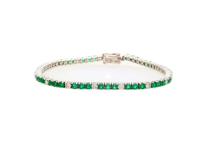 Bracelet tennis pour femme plaqué rhodium avec pierres vertes émeraude et diamants taille brillant rond sertis en canal, style classique - Product Image 2
