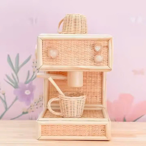 Machine à café jouet pour enfants en rotin naturel, jouet de cuisine, jouet de marché. - Product Image 4