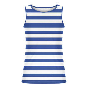 Camiseta sin mangas con cuello redondo a rayas azules y blancas para hombre, con logotipo personalizado, informal, transpirable, de algodón tejido, con cuello acanalado. - Product Image 4