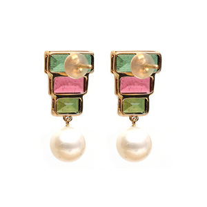 Natural Multicolor Tourmaline Baguette and Pearl Drop <b>Earrings</b> in Solid 18K Yellow Gold Tiered Geometric Deco Statement Studs - Product Image 3