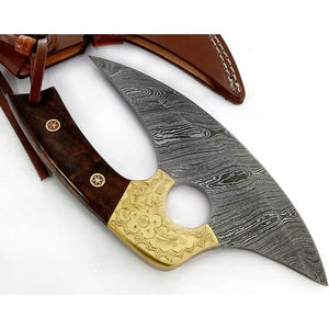 Cuchillo Ullu Burraq de Acero de Damasco Hecho a Mano con Mango de Madera, Cortador de Pizza, Funda de Cuero, Regalo de Aniversario para Actividades al Aire Libre - Product Image 1