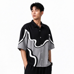 Men's Summer Casual Woven Breathable <b>Shirt</b> Short Sleeve Button Front <b>Geometric</b> Pattern Loose Fit Top OEM Custom Apparel Supply - Product Image 3
