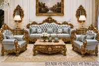 Ensemble de canapés sur mesure en teck sculpté de style français, finition dorée ornée, design luxueux et durable pour salon