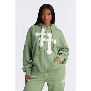 Sudadera con Capucha Extra Grande Verde con Estampado de Cruz Blanca y Cierre Frontal, Sudadera de Algodón para Mujer, Ropa de Otoño - Product Image 1