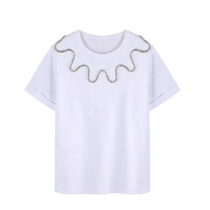 Camiseta Negra Extra Grande para Hombre, Manga Corta, Cuello Redondo, Detalle de Pedrería, Tejido Casual, Color Sólido - Product Image 2