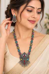 Parure de bijoux de mariage vintage colorée pour femme, collier superposé et boucles d'oreilles, plaqué argent antique, collier long de haute qualité - Product Image 2