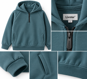 Sweat-shirt à capuche en molleton bleu sarcelle pour homme, pull à fermeture éclair sur le côté, chaud pour l'hiver, décontracté, à manches longues et raglan - Product Image 4