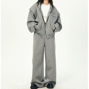 Conjunto Deportivo 2 en 1 para Mujer, Color Gris Sólido, con Capucha, Ecológico, Manga Larga, Cintura Elástica, Ropa Casual de Invierno, Transpirable, Poliéster, Corte Regular - Product Image 3