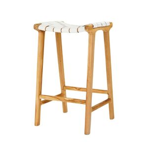 Taburete de bar con asiento de cuero tejido y patas de madera, sillas de comedor de altura de barra de madera de teca para bar, restaurante, cafetería, muebles de exterior. - Product Image 3