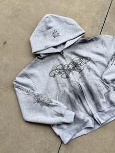 Custom Vintage Wash Full Zip Hoodie with Abstract Embroidered Graphic Detail and Faded Effect Relaxed Fit Hoodies - Product Image 3