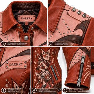 Brown Terracotta Women Western Cowhide Leather Jacket <b>Studded</b> Printed Biker Retro Spiked Collar Coat OEM Custom Manufacturer - Product Image 6