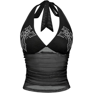 Women's Y2k Gothic Goth Halter Top Mesh Sheer Backless Going Out Tops <b>Emo</b> Grunge <b>Clothes</b> Rave Outfits - Product Image 3