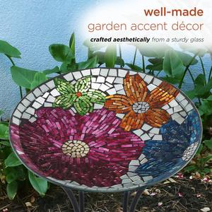 Moderno Baño para Pájaros de Vidrio con Mosaico Floral, Arte Vibrante en Azulejos Aplicados a Mano, Pedestal de Jardín con Soporte Metálico Plegable para Decoración de Jardín y Césped - Product Image 4