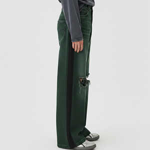 Wholesale Affordable Price Ripped Off STraight Leg Wide Botttom Denim Pants Streetwear Breathable Side Black Panels Jeans Pants - Product Image 2