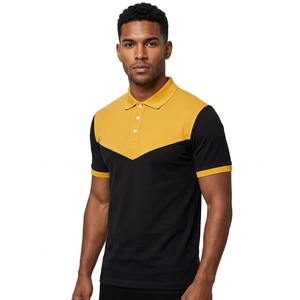 Polo pour homme à blocs de couleur, manches courtes, tricoté, décontracté, design uni, noir et jaune - Product Image 3