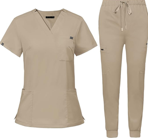 Factory Direct OEM <b>Scrubs</b> <b>Set</b> for Women Nurse Uniform V-Neck Top Drawstring Jogger Pants Multi Pocket Spandex/Polyester Hospital - Product Image 1
