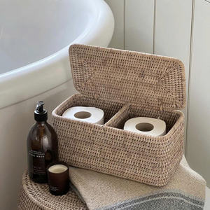 Panier de rangement en rotin pour salle de bain avec couvercle, boîte organisatrice naturelle pour papier toilette, serviettes, accessoires, panier décoratif écologique - Product Image 4