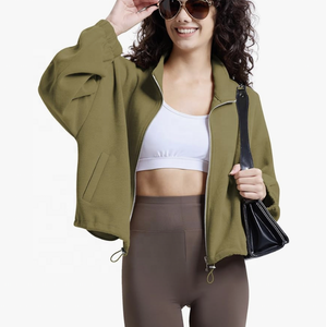 Sudadera recortada con cremallera completa para mujer, cuello alto de manga larga con cremallera y capucha corta, chaqueta informal con cuello levantado - Product Image 5