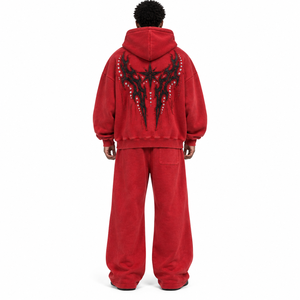 Ensemble sweat à capuche et pantalon de jogging unisexe en polaire rouge, broderie flamme étoile, style streetwear décontracté - Product Image 2