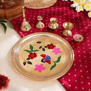 High Quality Brass Pooja Thali Set Traditional Design Puja Plate with Diya Bell Kalash <b>Mandir</b> Decor Gift Purpose - Product Image 5