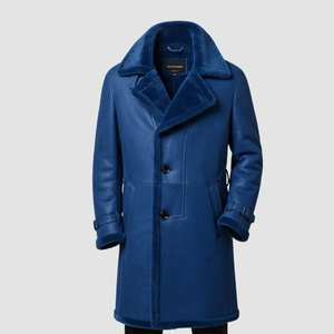 Abrigo de Cuero Premium Azul para Hombre, Forrado con Piel de Oveja Auténtica, Chaqueta Larga de Invierno con Puños Ajustables - Product Image 3