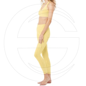 Ensemble de leggings et soutien-gorge de sport sans couture jaune pour femme, col en V, dos nageur, maintien élevé, couleur unie, Spandex Nylon, simple et écologique - Product Image 2