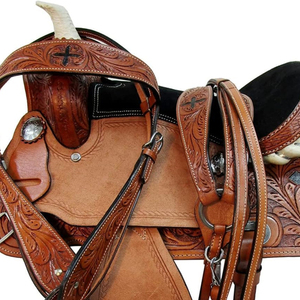 Selle de cheval western en cuir marron repoussé avec arceau en bois et quincaillerie nickelée pour l'équitation sur sentier et la course - Product Image 6