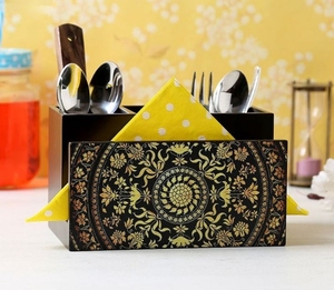 Porte-serviettes en bois noir avec compartiment à couverts, imprimé floral, organisateur de table, boîte de rangement pour cuillères et fourchettes de restaurant et cuisine - Product Image 1