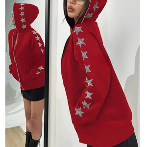 High Quality Heavy Zip Star Rhinestone Lined Casual Cotton Fleece Front Drawstring Hoodies <b>Plus</b> <b>Size</b> Women Winter Customized - Product Image 5