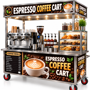 รถเข็นกาแฟเอสเพรสโซ่สแตนเลสแบบเคลื่อนที่พร้อมหลังคา 3 ชั้นวาง - Product Image 1