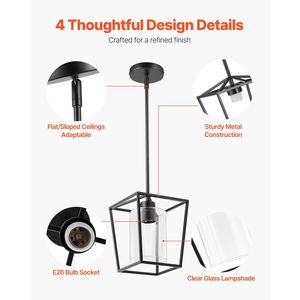 Lampadario a sospensione stile rustico a 1 luce, con gabbia in ferro nero e paralume in vetro trasparente, altezza regolabile - Product Image 4