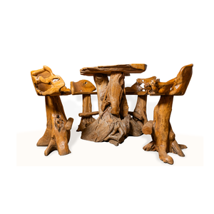 ARTERRA Luxury Teak Wood Root Natural Rustic Bar <b>Table</b> <b>Set</b> Handcrafted Backrest <b>Stools</b> Antique Design - Product Image 1