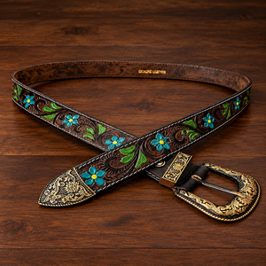 Customized Hand Tooling Genuine Leather <b>Belt</b> Western Floral Embossed Pin <b>Buckle</b> Ethnic <b>Cowboy</b> Style Tooled Leather <b>Belt</b> - Product Image 1