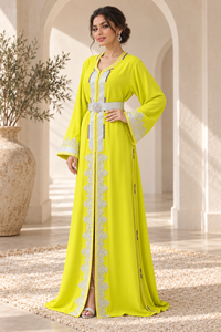 Mishkat Couture Plum <b>Velvet</b> Chartreuse Yellow Moroccan Caftan Silver Embroidery Breathable <b>Maxi</b> <b>Dress</b> V Neck <b>Long</b> <b>Sleeves</b> - Product Image 6