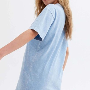 T-shirt décontracté en jersey de coton bleu clair à col en V, coupe ajustée, imprimé, manches courtes, couleur unie, pour femme, style urbain, printemps-été - Product Image 4