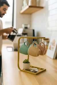 Modern Metal Coffee Mug <b>Rack</b> With 360 Rotating Base For Kitchen Storage Holders Double Tier Design Gold Finish - Product Image 5