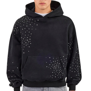 Sudadera con Capucha Unisex, Forrada, con Apliques Bordados y Pedrería, de Felpa Negra, 100% Mezcla de Algodón, Talla Grande, para Invierno - Product Image 2